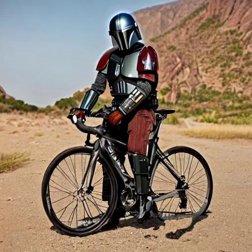 Prompt: Mandalorian riding a Trek Madone