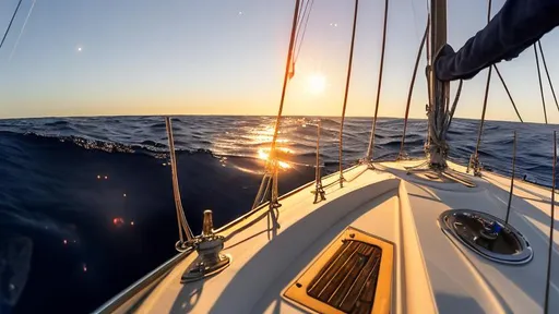 Prompt: A Sailing  passage on a cruiser in shinny sunset at sea with light rain and few clouds and stars