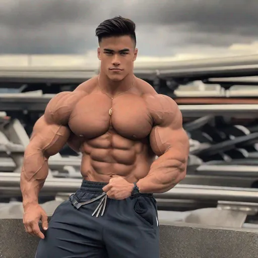 Prompt:  8000-foot-tall muscular buff handsome six-armed teenage bodybuilder fills park with muscle  
