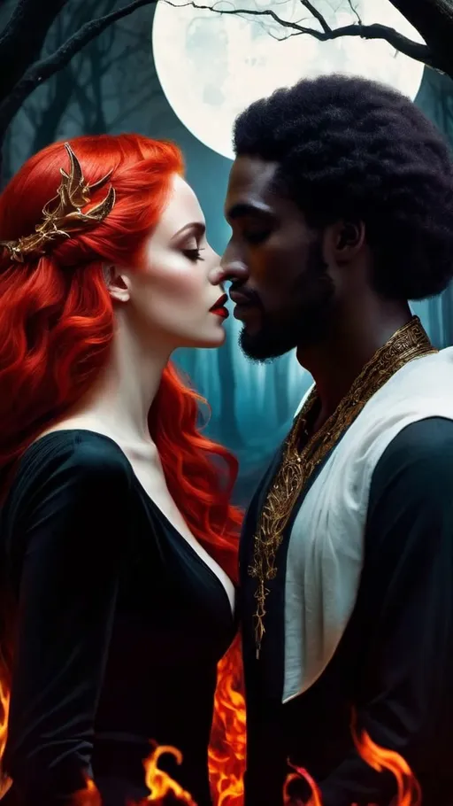 Prompt: The Devil, The Black Man, and The Black Woman with Red Hair stood in a shadowy grove under the moonlight, surrounded by dancing flames that cast eerie shadows on the ancient trees. Their eyes glinted with a knowing gleam as they whispered secrets to each other in a language long forgotten. Each figure exuded an aura of power and mystery, their presence both captivating and chilling. The cards had foretold of this meeting, a convergence of darkness and desire that would mark a turning point in the mystical realm. The Devil's twisted grin hinted at hidden intentions, while the Black Man's eyes burned with ancient wisdom, and the Black Woman's red hair glowed like fire in the night. Together, they embodied the balance of light and shadow, chaos and order, temptation and redemption. Behind them, the tarot cards shifted and shimmered, revealing the intertwined fates of all who dared to seek their counsel.