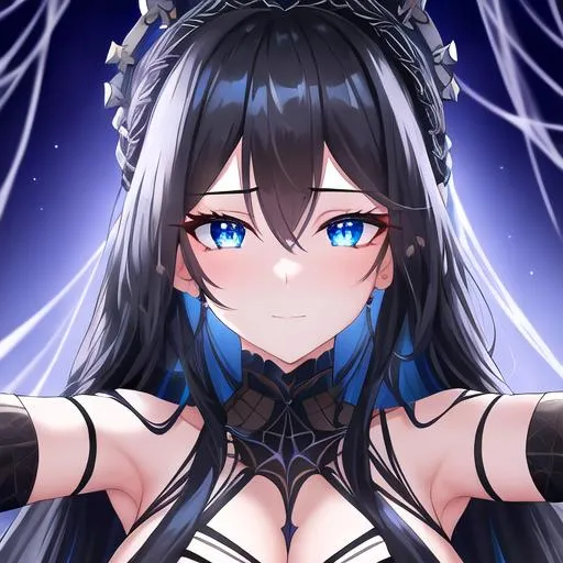 Prompt: Haley 1female (braided black hair pulled back, lively blue eyes), highly detailed face, 8K, UHD, a dark and enchanting ensemble with a flowing black gown, intricate spiderweb patterns, and a crown adorned with glistening spider motifs  posing for the camera, young adult