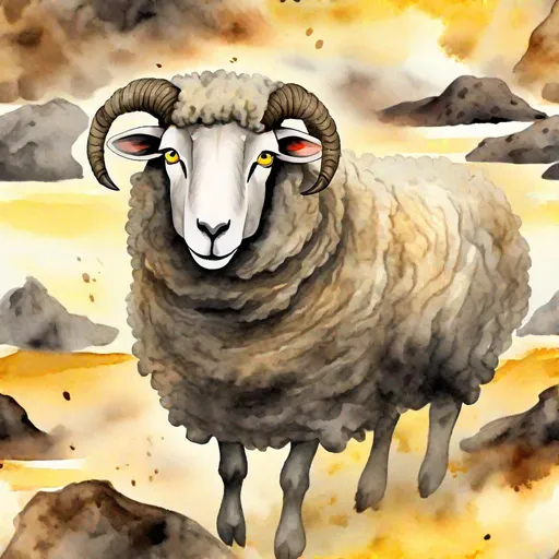 Prompt: Ascadian Umber Sheep, ash-black with dusky brown wool, yellow placid eyes, happily moving around in a lava field, masterpiece, best quality, (in watercolor painting style)
 