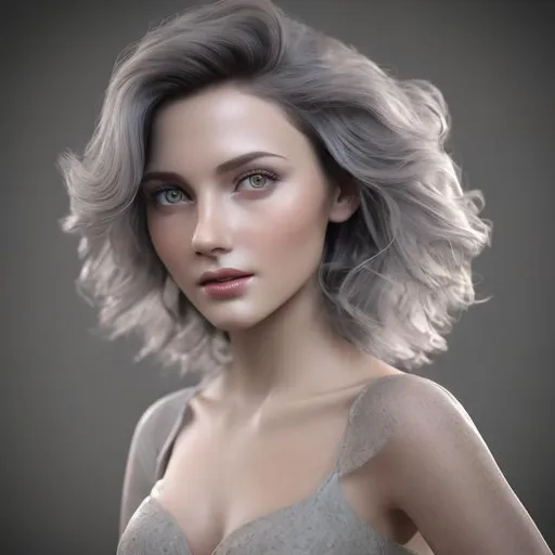 Prompt: HD 4k 3D professional modeling photo hyper realistic beautiful enchanting dainty french woman grey hair fair skin brown eyes gorgeous face sparkling dress luxurious interior landscape hd background ethereal mystical mysterious beauty full body