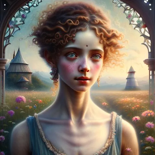 Prompt: An ethereal highly detailed painting of a very beautiful very poor 1920's migrant worker woman, tattered clothes, perfect complexion, gorgeous clean face,
curly auburn hair, award-winning,  Cinematic fantasy atmosphere, farm field, hot sun, cgi, artgerm