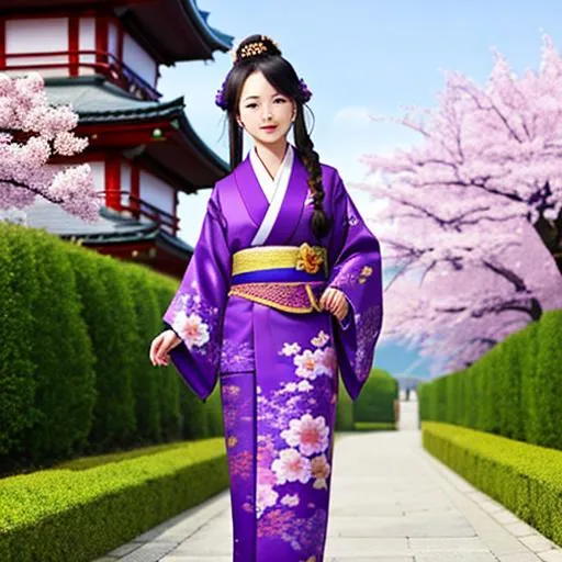 Prompt: (in the style of <sakimi-style>)++ japan sensual female, long purple kimono flower details, japan castle, nice body, long braided hair, full body shot