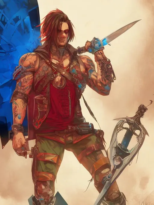 Prompt: Cyberpunk male with tattoos, strong apocalyptic, swords, guns, axes, anatomical, dark, gothic, mech, hazardous waste, green, blue, orange, emo, trees