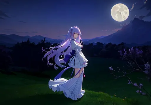 Prompt: anime style, (masterpiece, best quality:1.2), illustration, absurdres, highres, extremely detailed, 1 girl, purple long hair, white dress, short puffy sleeves, frills, outdoors, glass , fluttering glass, upper body, (moon:1.2), night, depth of field, (:d:0.8), chromatic aberration abuse, pastel color, Depth of field, plain of the moon, purple tint,(purple fog:1.3)