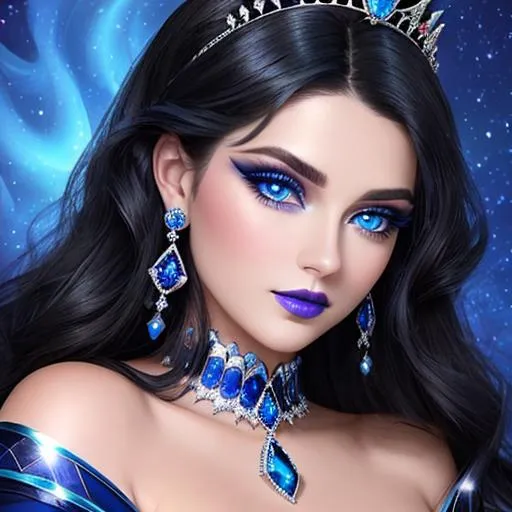 Prompt: a Sapphire lady, feminine elegant princess ,  dark hair, large blue eyes, wearing jewls in her hair,  beautiful makeup, blue eyeshadow, dark pink lipstick, facial closeup