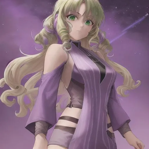 Prompt: jedi girl with blonde curly hair,purple clothes and green eyes  from star wars