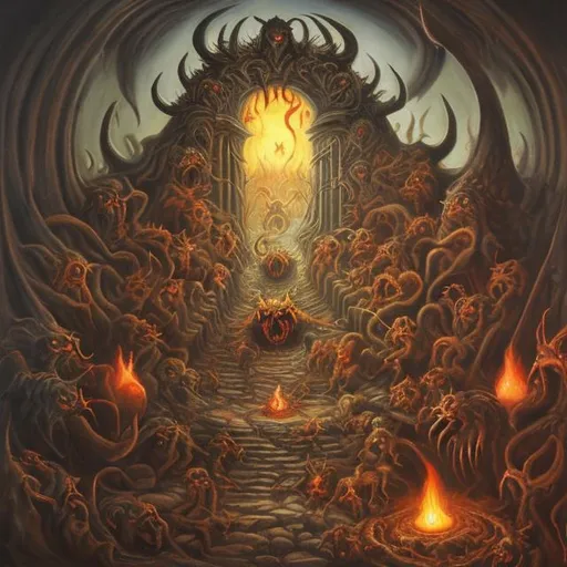 Prompt: satanic portal to hell with satanic and weird creatures around the opening oil painting and more creatures with satan in middle


