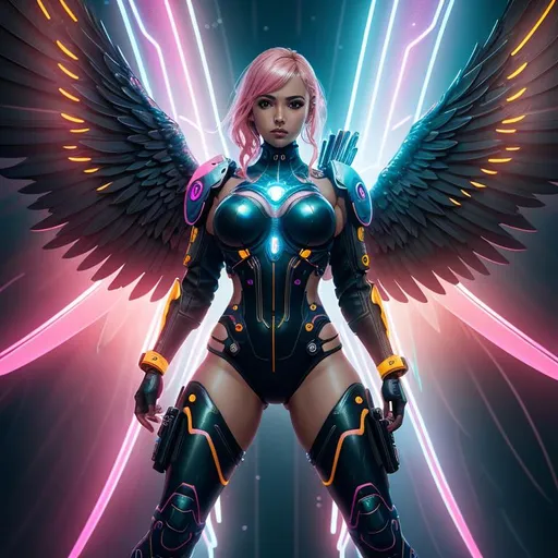 Prompt: splash art, concept art, 

Full body portrait of a cyberpunk valkyrie girl, angel wings,

sultry, excited, symmetrical, perfect composition,

intricate black leather details,
pink and yellow ring lighting,
underwater,

makoto shinkai style, complementary vibrant colors, heavy strokes, telephoto lens, volumetric lighting,

hyperrealistic, artstation, highl< detailed, high quality, uhd 8k, unreal engine