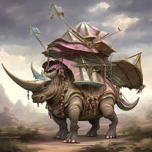 Prompt: triceratops adorned with a palanquin . fantasy world.