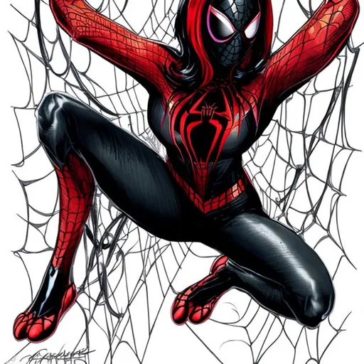 Prompt: Spiderwoman mixed with a black widow spider