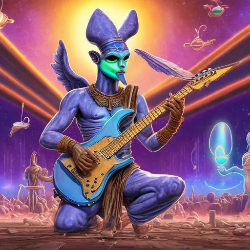 Prompt: Winged Genie of Nimrud playing a double-necked Guitar for spare change in a busy alien mall, widescreen, infinity vanishing point, galaxy background, surprise easter egg