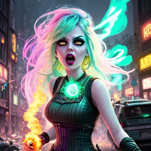 Prompt: pixar style painting of a beautiful zombie woman, pale green skin, pastel pink and blue hair, goth clothing, angrily screaming, furrowed brow, furious, nighttime, post apocalyptic city street, fireballs, ruins, trash, galaxy, soft light, explosions, throwing fireballs, ((street on fire)), muted color scheme, art, painting, fireflies