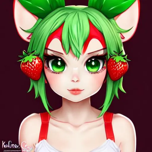 Prompt: character crazy and cute with green eyes and strawberry custom