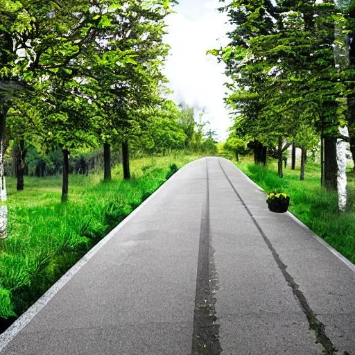 Prompt: A road in a surburban area. Lined with a 4,5 meter border on one side. In the border there shoud be grass, flowers and a line of trees. Add a car and some people for scale. Make it look like an architect rendering