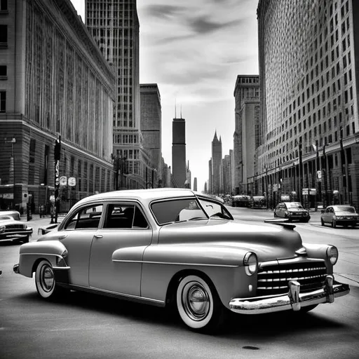 Prompt: Create me a classic 1950 style picture of the city of Chicago, with old school cars, 8k UHD, portrait style, amazing detail, vibrant features, 