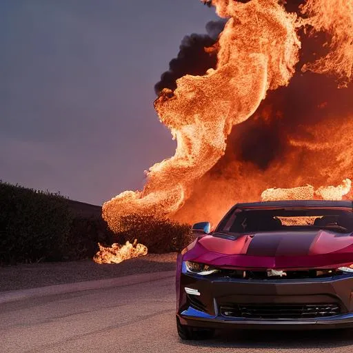 Prompt: Incredibly fine detail of camaro 2015, fire in background , epic, cinematic lighting