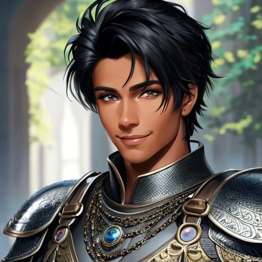 Prompt: oil painting, fantasy, human man, tanned-skinned-male, beautiful, short bright black hair, straight hair, smiling, looking at the viewer, cleric wearing intricate chain mail armor, #3238, UHD, hd , 8k eyes, detailed face, big anime dreamy eyes, 8k eyes, intricate details, insanely detailed, masterpiece, cinematic lighting, 8k, complementary colors, golden ratio, octane render, volumetric lighting, unreal 5, artwork, concept art, cover, top model, light on hair colorful glamourous hyperdetailed medieval city background, intricate hyperdetailed breathtaking colorful glamorous scenic view landscape, ultra-fine details, hyper-focused, deep colors, dramatic lighting, ambient lighting god rays, flowers, garden | by sakimi chan, artgerm, wlop, pixiv, tumblr, instagram, deviantart
