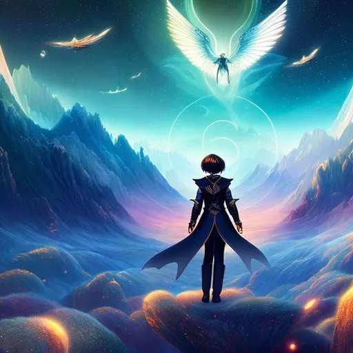 Prompt: masterpiece, illustration, best quality), androgynous, with wings, pixie style haircut, a field of stars on a foreign planet 