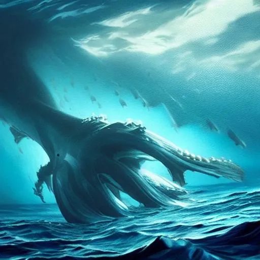 Prompt: Endless ocean with a massive predator under the waves, Top down, Hyper realistic, cinematic, huge underwater predator, lovecraft  