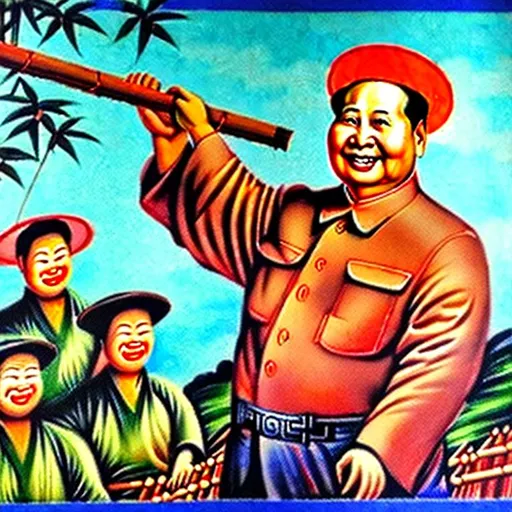 Prompt: 1960s Chinese propaganda poster of a smiling Mao Zedong, Mao is carrying a bamboo pole on his shoulder, Mao Zedong is surrounded by workers in Asian conical hats, attached to the horizontal bamboo pole are water buckets, Mao is in a village, highly detailed, highly decorated, masterpiece, vivid