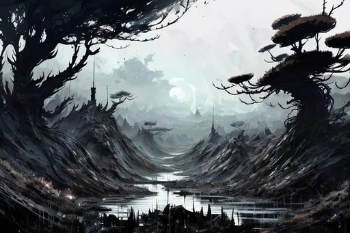 Prompt: Cinematic fantasy landscape negative black and white Speedpaint with large brush strokes by , Junji Ito, Ismail Inceoglu, , Gazelli, M.W. Kaluta, richard anderson, paint splatter, white ink, a masterpiece, 8k resolution, trending on artstation, horror, terrifying, highly detailed and intricate