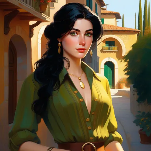 Prompt: Third person, gameplay, italian girl, pale skin, black hair, freckles, green eyes, Italy, golden atmosphere, cartoony style, extremely detailed painting by Greg Rutkowski and by Henry Justice Ford and by Steve Henderson 