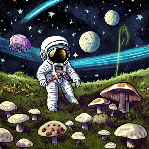 Prompt: Astronaut picking mushrooms, stars, planets, moon