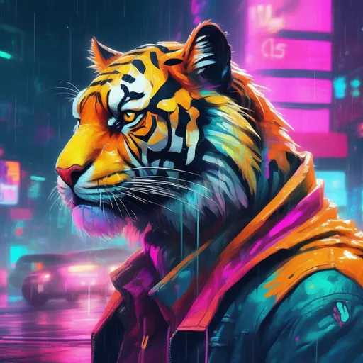 Prompt: A colourful and beautiful cyberpunk tiger in the rain in a bright and neon cyberpunk world in a painted impressionistic style