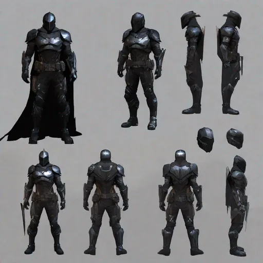 Prompt: Futuristic combat stealth soldier, arkham knight black hood style military helmet, short helmet, sleek helmet, deathstroke, witcher themed armour, iron man style armour swords, post-apocalyptic setting, high-tech and tactical armor, ninja, assassin, assassin's creed, evil, sith lord, supervillain, call of duty, battlefield, shogun, viking, futurism, star wars, the punisher, mandalorian, SAS, navy seals,  weapons, germanic, samurai, dual swords, gritty atmosphere, detailed reflections on armor, best quality, highres, ultra-detailed, futuristic, post-apocalyptic, sleek design, professional, atmospheric lighting, city background, extreme utility on armour, black colour