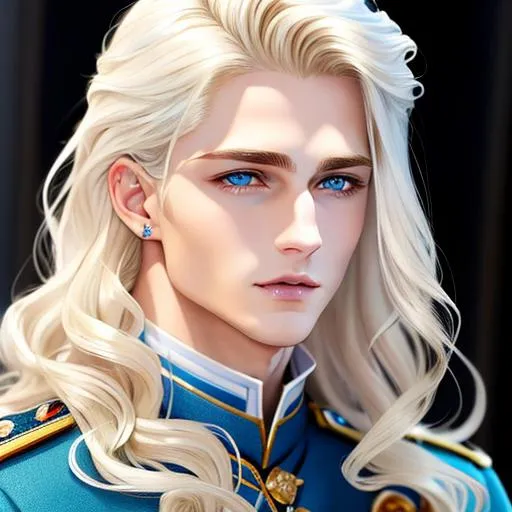 Prompt:  Piercing, Ice-blue eyes, a sharp jawline. His hair was blond, long and wavy in the back with shorter, more uniformed curls in the front. He had a youthful face with slightly feminine features. He looked a lot like something from a storybook, like or a renaissance painting. ittle, sharp, white fangs poked out between his shiny lips as he smiled.