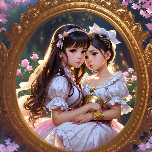 Prompt: portrait of magical lolita girl, dreamy and ethereal, peaceful expression, ornate frilly dress, fantasy, intricate, elegant, hold a cute baby in your hand, highly detailed, digital painting, artstation, concept art, smooth, sharp focus, illustration, art by artgerm and greg rutkowski and alphonse mucha, masterpiece

