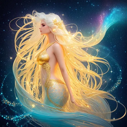 Prompt: A beautiful mermaid swimming, large nose, ((intricate long flowing white
 hair)), (gold filigree hair decoration), tan skin, ethereal, luminous, fireflies, deep ocean, neon light trails, glowing, nebula, dark contrast, celestial, trails of light, sparkles, 3D lighting, celestial, gold filigree, soft light, vaporwave, fantasy