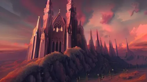 Prompt: painting of a colossal distant gothic cathedral fortress on top of a huge lone rock in the middle  of a wasteland under a reddish sky, high level of details, 4k, 
