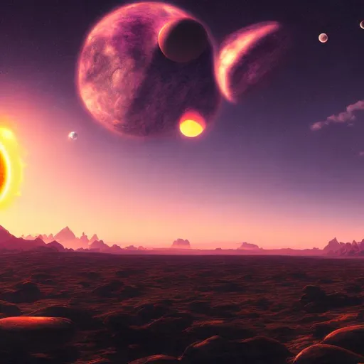 Prompt: Beautiful sunset on a planet with 3 moons and 2 suns with a galaxy belt in the background, ultra res, hdr, 64k, everything in focus, high attention to detail