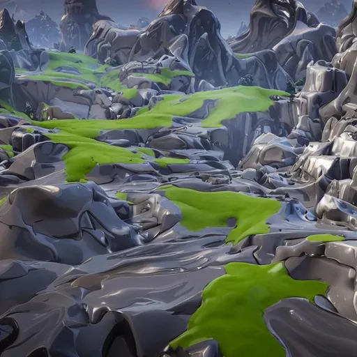 Prompt: grey shiny chrome liquid flowing over and melting the fortnite map