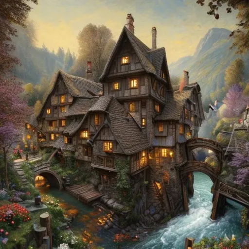 Prompt: "a fairytale cobblestone cabin with a large wooden watermill flowing water into a lake, stone steps, flowers, house plants, sunlight particles, heavy brushstrokes, textured paint, impasto paint, intricate, cinematic lighting, oil painting, dramatic, 8k, painting by Vittorio Matteo Corcos and Albert Lynch and Tom Roberts, fantastic view, ultra-detailed by Jean-Baptiste Monge, John William Waterhouse, Pre-Raphaelite, Maxfield Parrish, Maxfield Parrish, Tamara de Lempicka, William-Adolphe Bouguereau, Daniel Merriam, naoto hattori, Catrin Welz Stein, dark aesthetic, Expressionistic, Dynamic colour palate"