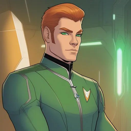 Prompt: An adult tall muscular male alien starship officer of a star trek feline caitian species, anthropomorphic cat, slightly human interspecies halfbreed. He has shot ginger fur and a pale skin. He wears a unoted federation uniform and has green emerald eyes. Detailed, well drawn face, Smooth skin. rpg art. Star trek art. 2d art. 2d