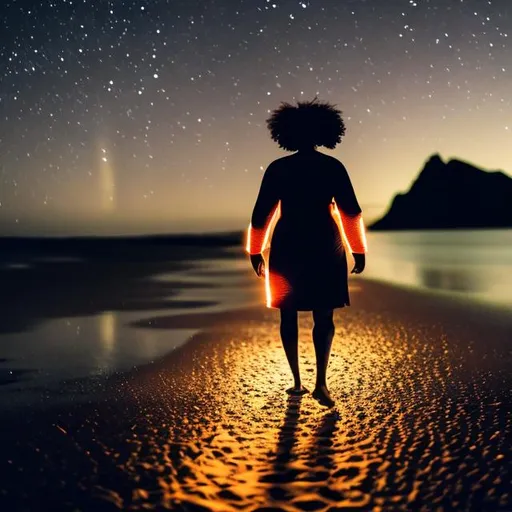 Prompt: A black woman with glowing hands walking on the beach on a very dark night