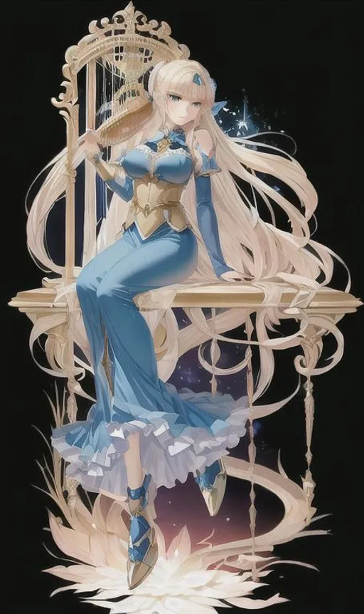 Prompt: anime opening Full-body detailed masterpiece, fantasy, high-res, quality upscaled image, perfect composition, blue moonlight background. An unbelievably beautiful and elegant lady elf. She has platinum-blonde hair. She wears flowers in her hair. She has a fairy outfit and plays a harp. She has a motherly nature.