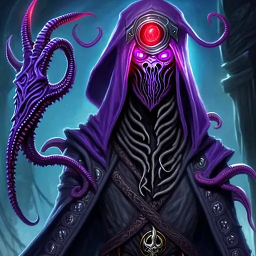 Prompt: Mind flayer pirate illithid fancy clothes glowing red eyes purple detailed face no flaws