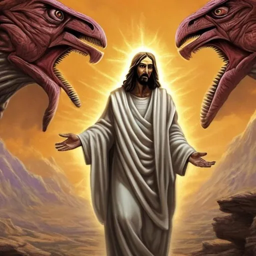 Prompt: actual photo of raptor jesus, surprise me