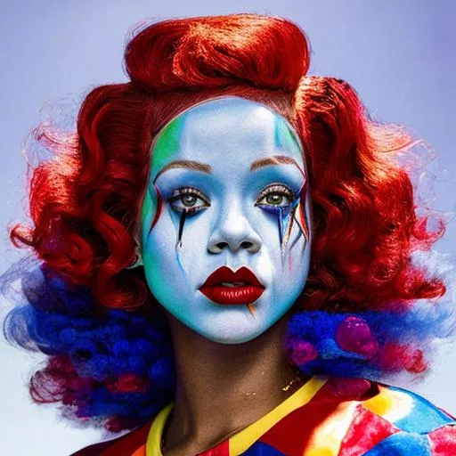 Prompt: Rihanna as it the clown from the movie it, displays beautiful smile, in the style of The Boondocks, all geometrically correct, proportionate face, high detail, concept art, character art, detailed eyes, detailed lips, detailed nose