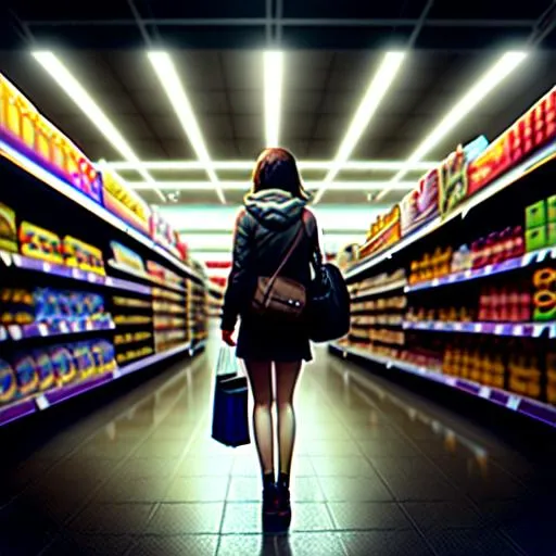 Prompt: A teenage girl in a deserted supermarket, at night, creepy, dark, in the limbo, Silent Hill inspired, game artwork, extremely detailed painting by Greg Rutkowski and by Henry Justice Ford and by Steve Henderson.