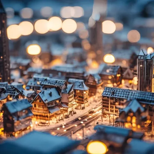 Prompt: vast tiny wooden model busy city
at night covered in ice winter



