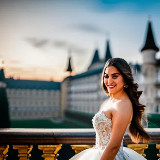 Prompt: perfect face Generate a photorealistic image of a beautiful woman standing in a grand castle. Use soft lighting (f/1.8, ISO 200) to highlight her grace and elegance. The woman is adorned in a sumptuous gown, her eyes sparkling with intelligence and charm. Behind her, the castle's intricate architecture and rich history unfold, adding depth and grandeur to the scene.perfect face pefect face