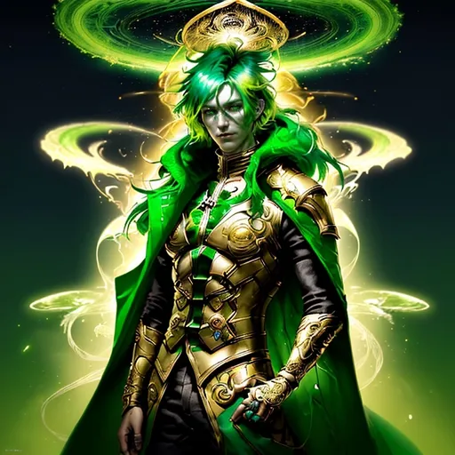 Prompt: Adult human man with green hair and a green coat, standing in front of a golden circle nebula with a ring, epic fantasy character art, Android Jones, character portrait, detailed hair and facial features, highres, epic, vibrant colors, detailed coat, intricate design, atmospheric lighting, professional, golden circle nebula, ring, fantasy art