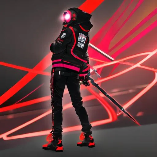 Prompt: Male character, black but red neon gas mask, cyber netrunner hood (black but neon red), neon red Sword In its Back, Red Mecha Cyber Jacket, black jeans, red shoes